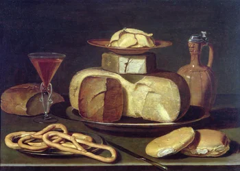 Asetelma leivän, juuston, viinin ja pretzelin kanssa